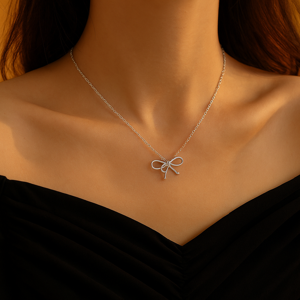 Necklace Bowtie Dainty Minimalistic Cute Silver Charm Women