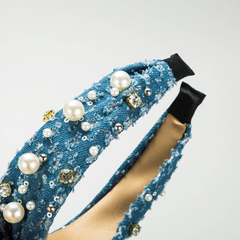 Trendy Denim Headband with Pearl Sequins