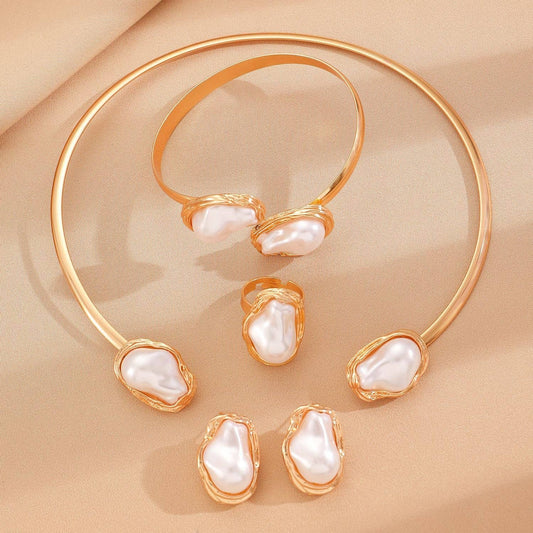 Baroque Pearl Jewelry Choker, Earrings, Ring, and Bracelet Set
