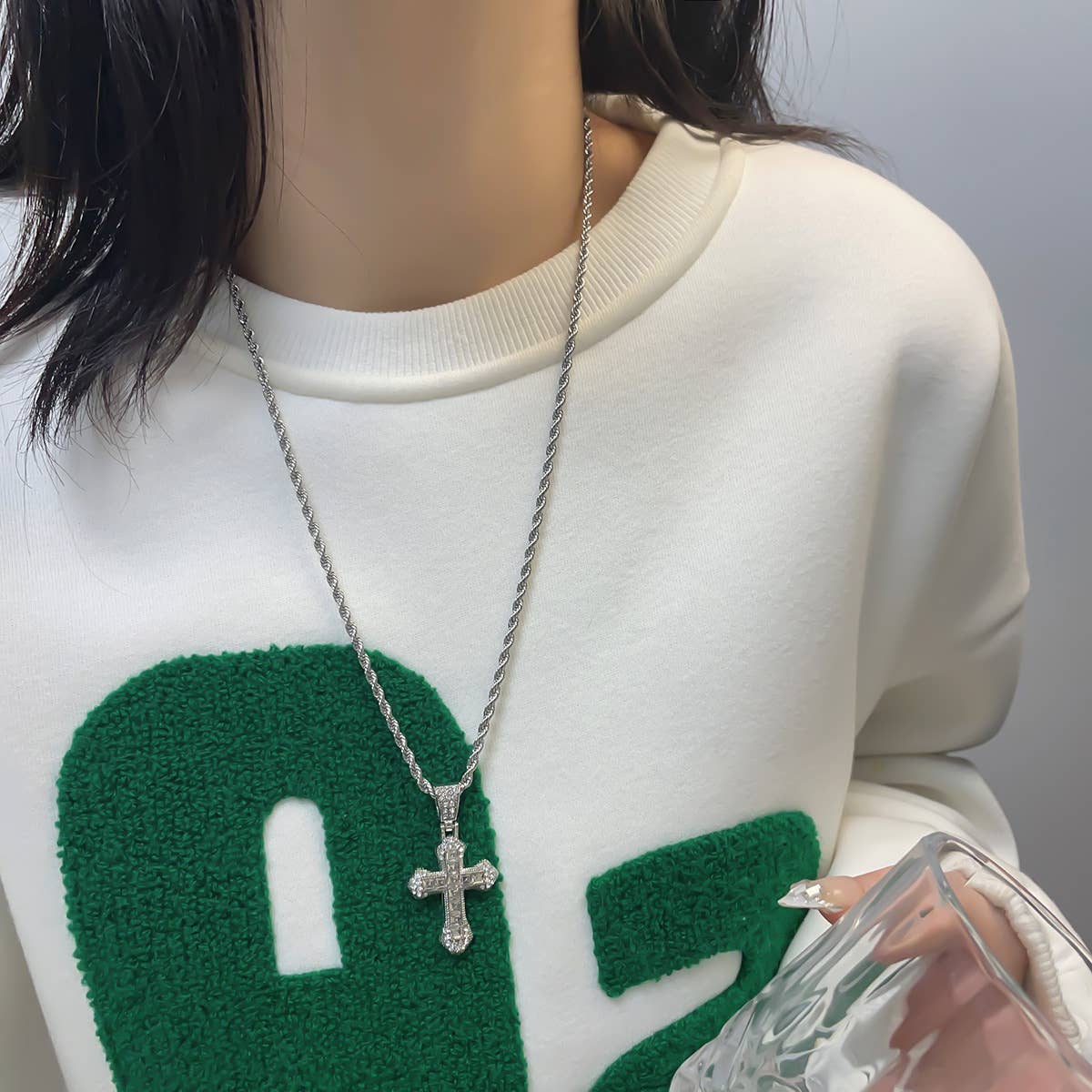 Studded Cross Necklace in Silver with twisted chain