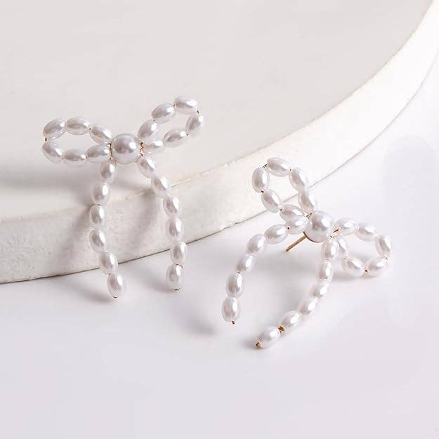 Pearl Bow Earrings for Women Drop Knot Dangle Stud Jewelry