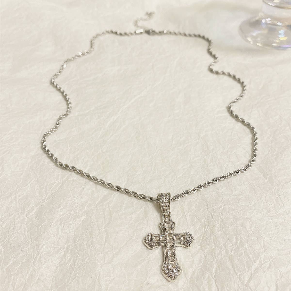 Studded Cross Necklace in Silver with twisted chain