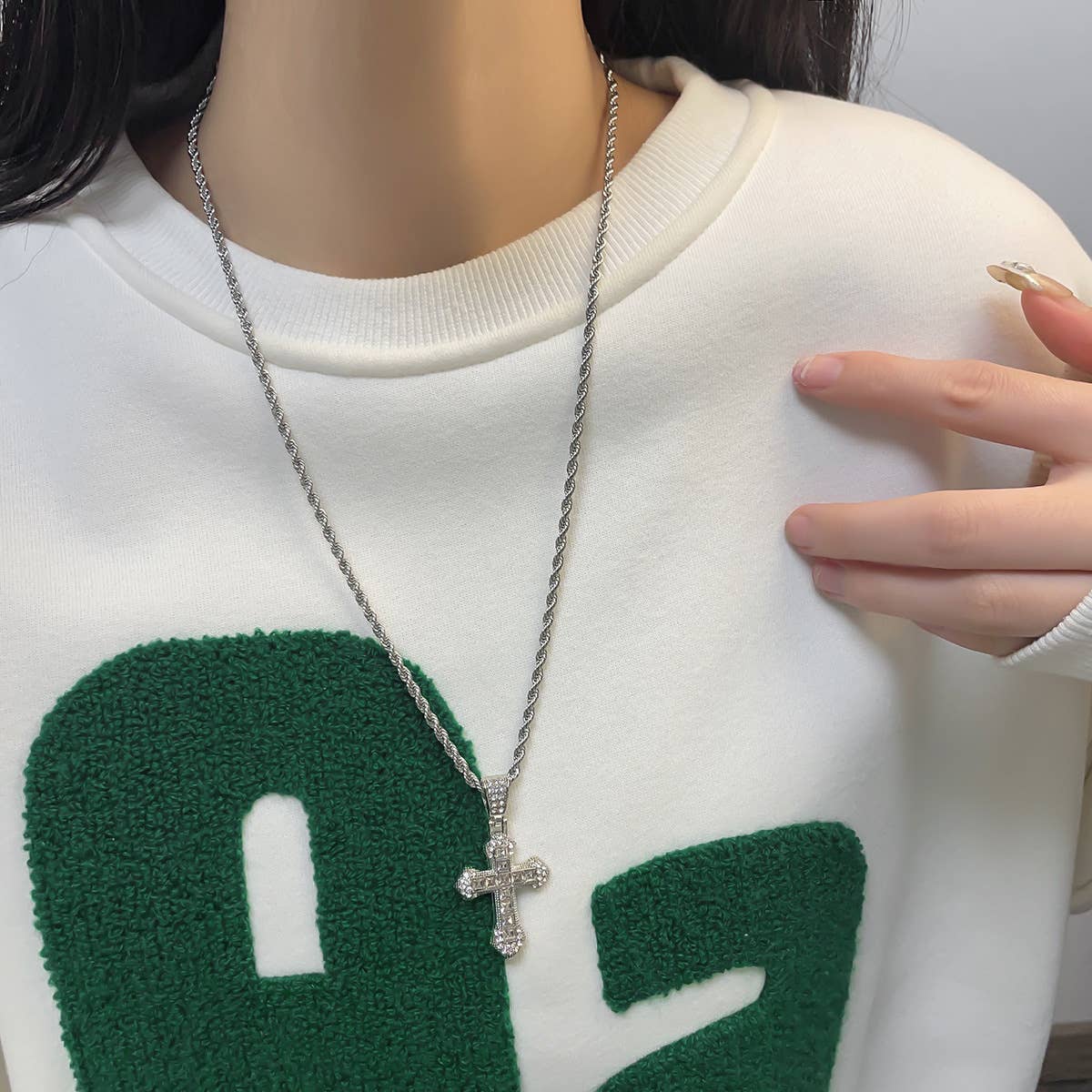 Studded Cross Necklace in Silver with twisted chain