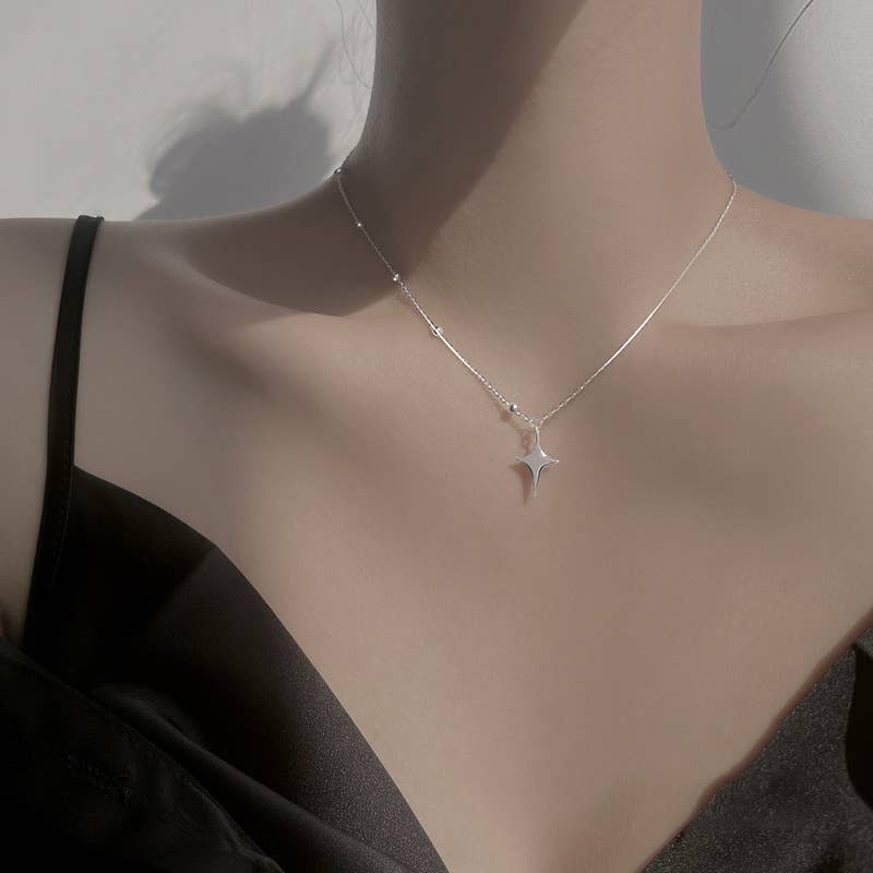 Four point star Silver Necklace rhinestone jewelry
