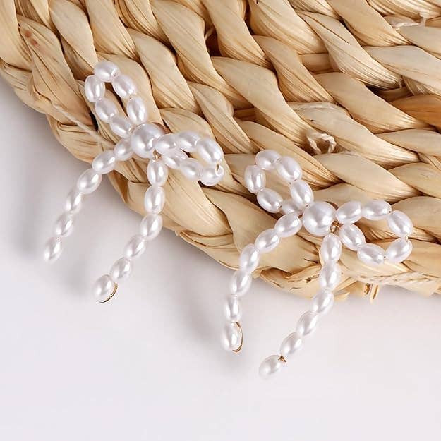 Pearl Bow Earrings for Women Drop Knot Dangle Stud Jewelry
