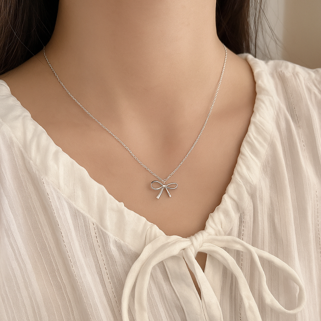 Necklace Bowtie Dainty Minimalistic Cute Silver Charm Women