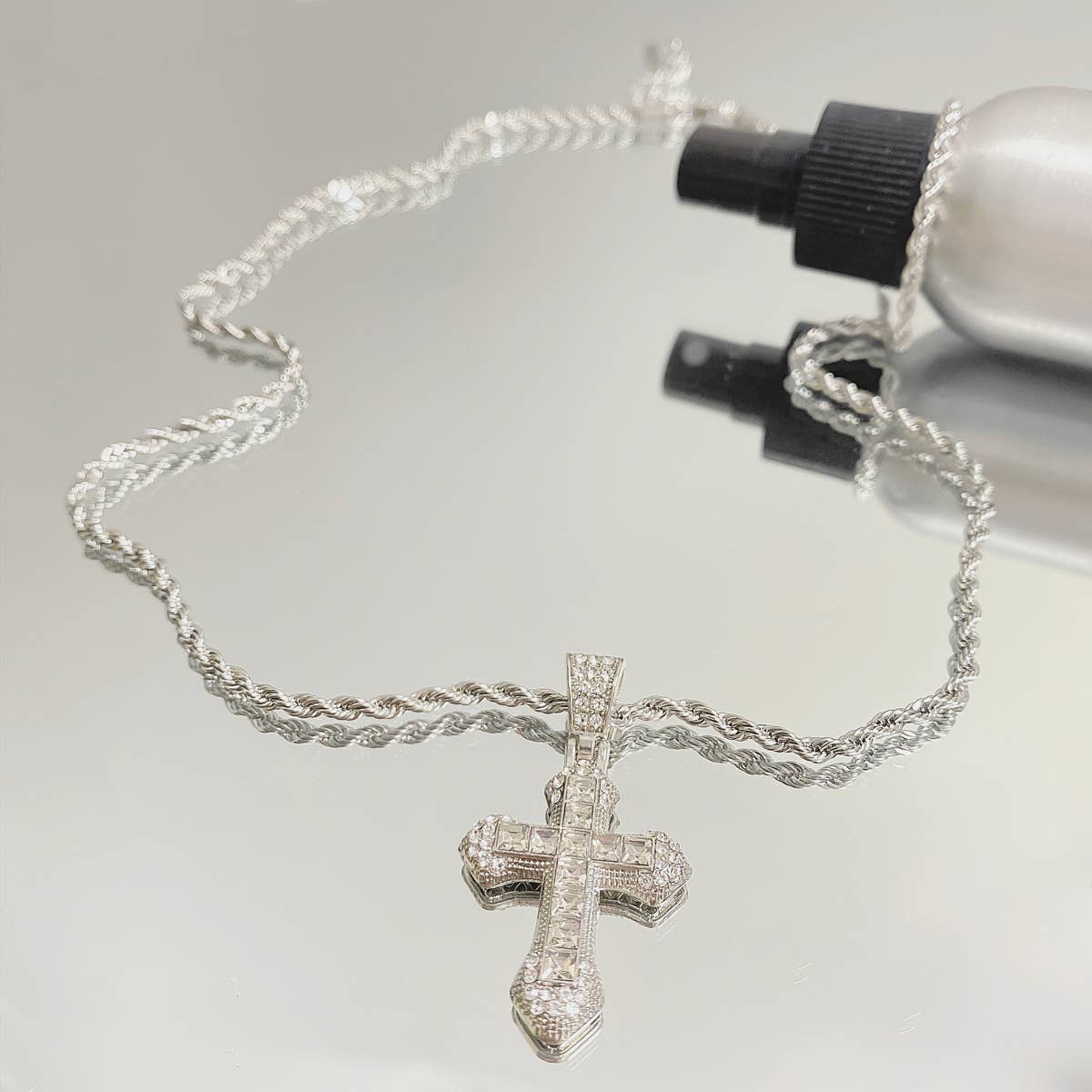 Studded Cross Necklace in Silver with twisted chain