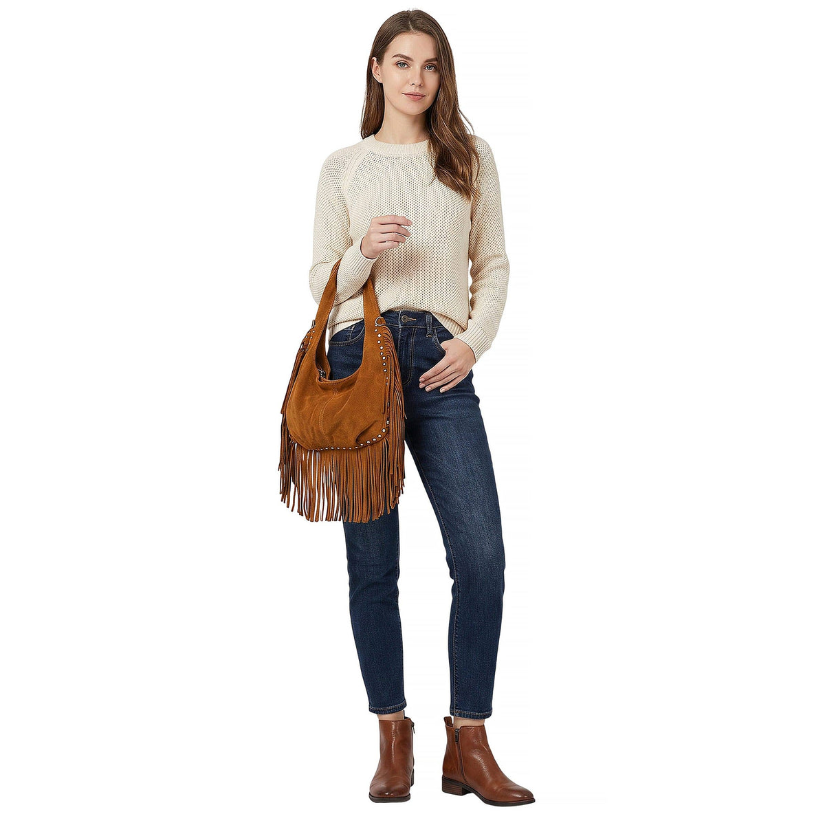 Bohemian Fringe Studded Slouchy Hobo Shoulder Handbag