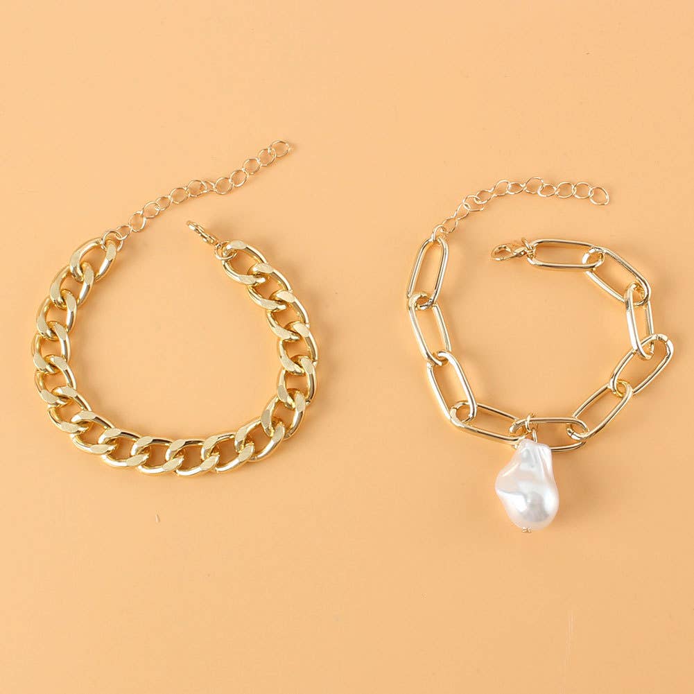 Layered Gold Bracelet with Pearl Drop - Set of 2