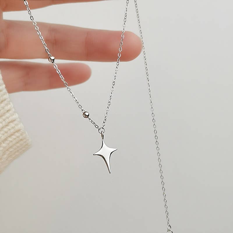 Four point star Silver Necklace rhinestone jewelry