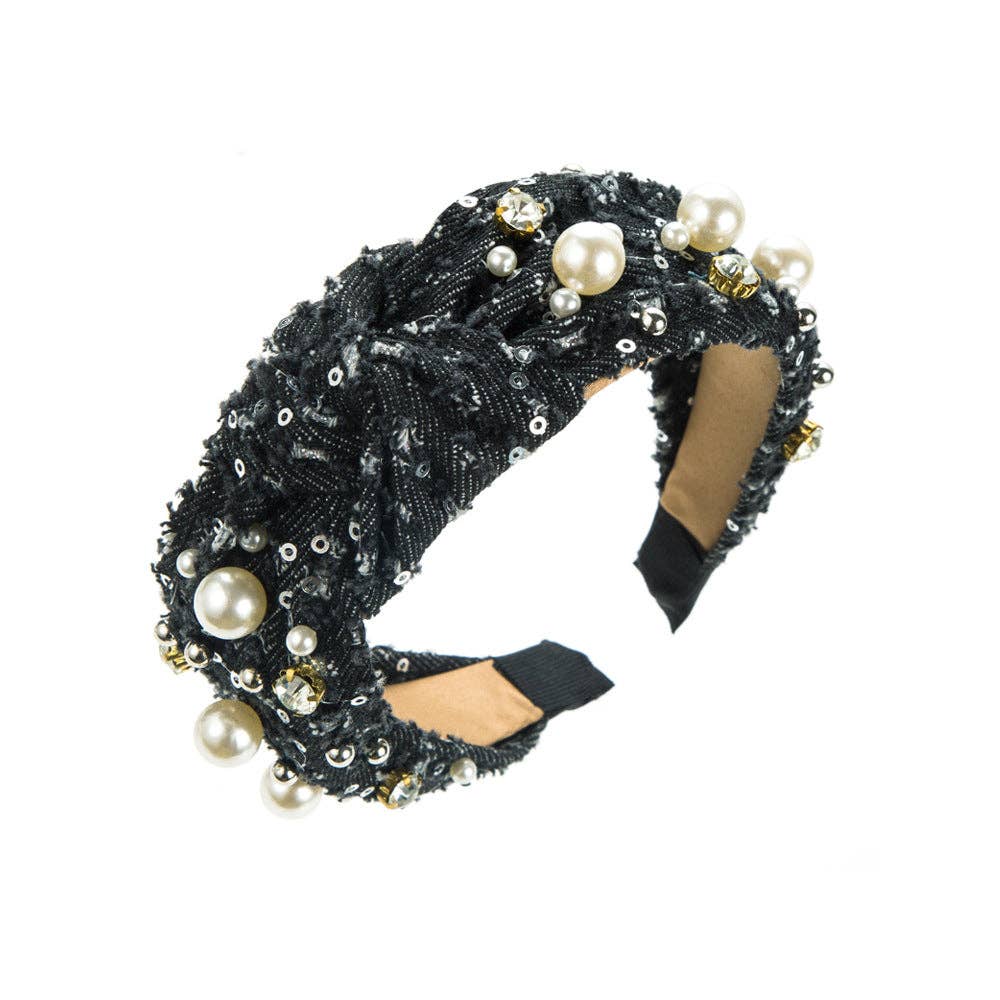 Trendy Denim Headband with Pearl Sequins