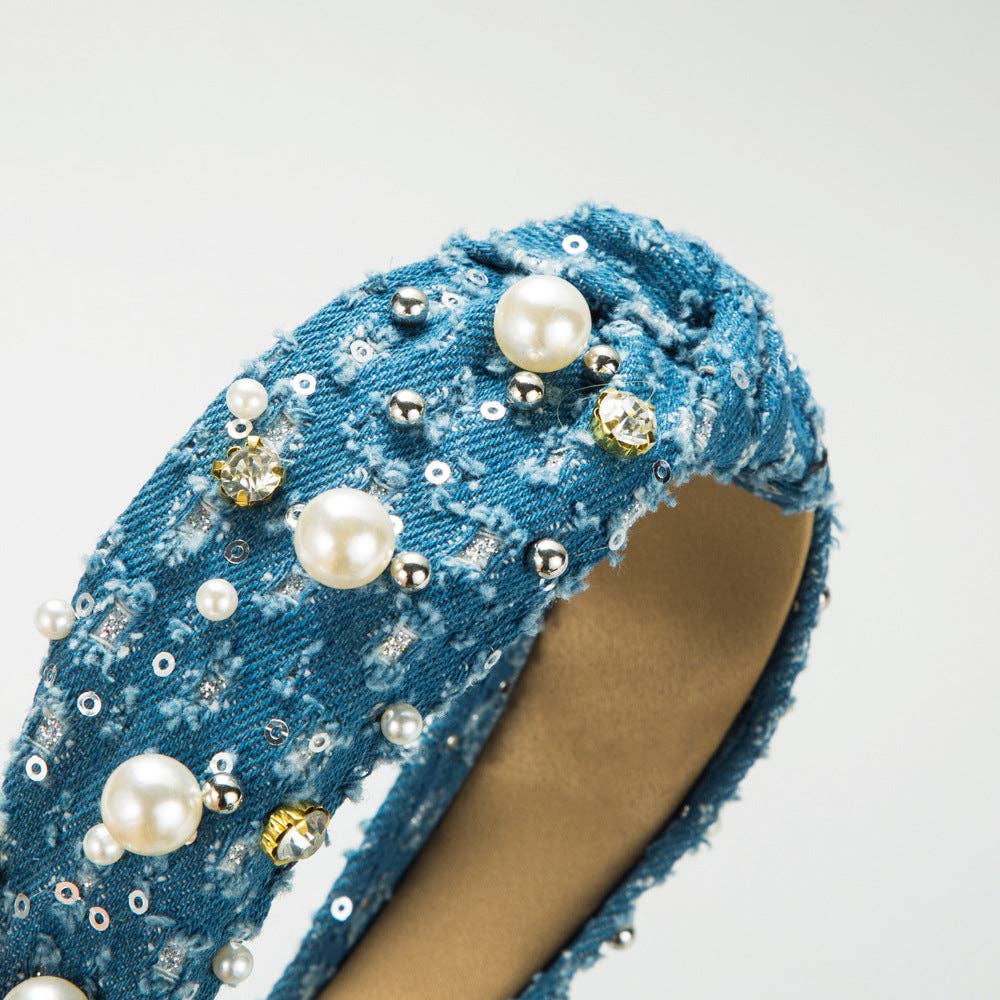 Trendy Denim Headband with Pearl Sequins