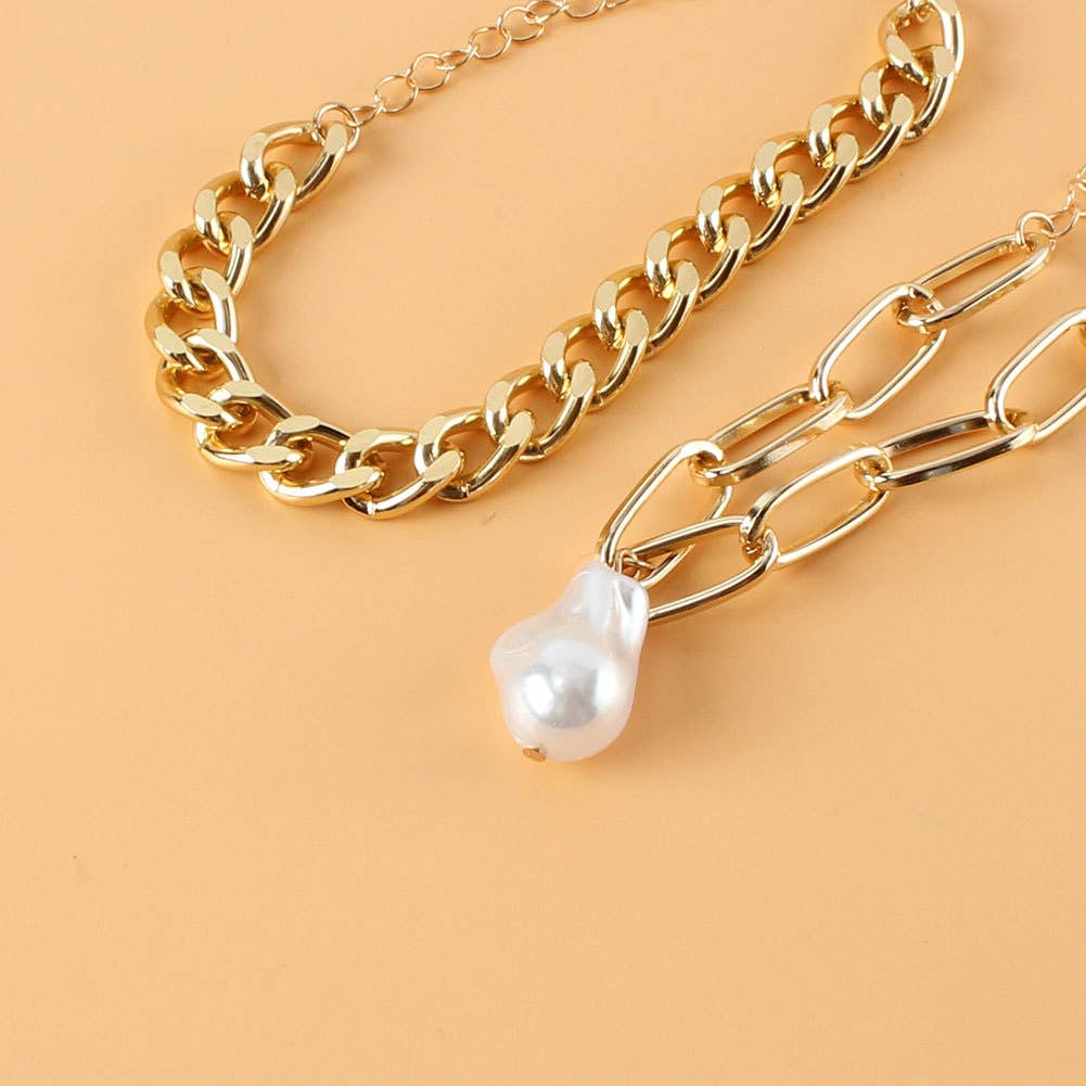 Layered Gold Bracelet with Pearl Drop - Set of 2