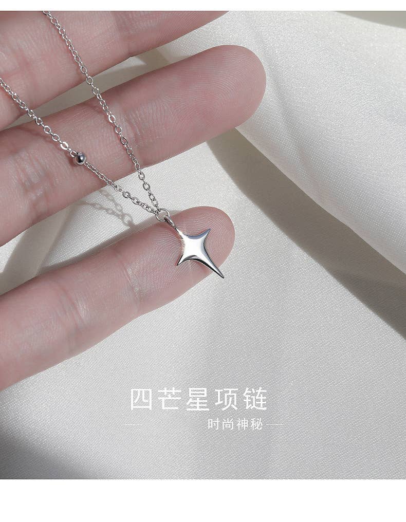 Four point star Silver Necklace rhinestone jewelry