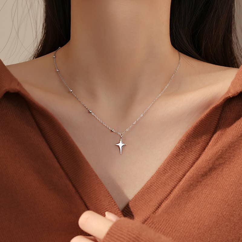 Four point star Silver Necklace rhinestone jewelry