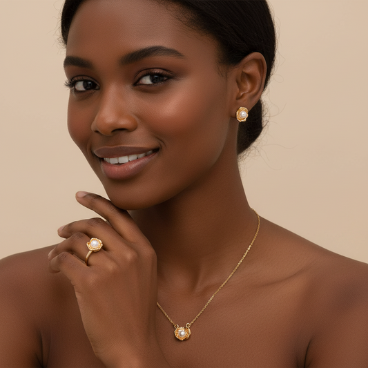 Baroque Pearl Necklace, Earrings, Ring, and Bracelet Set