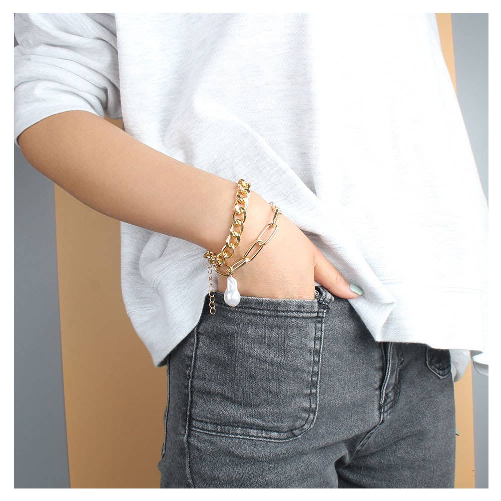 Layered Gold Bracelet with Pearl Drop - Set of 2