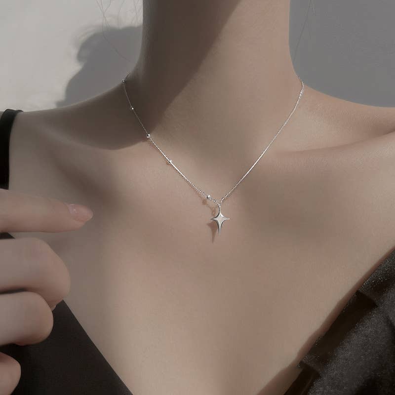 Four point star Silver Necklace rhinestone jewelry