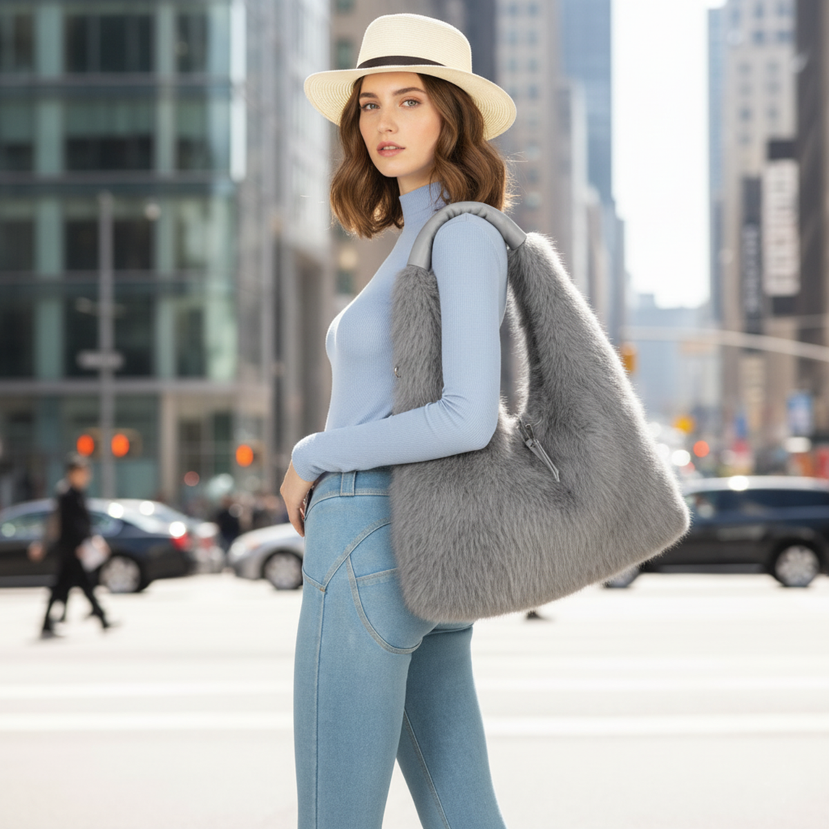 Spacious Faux Fur Hobo Shoulder Bag Crossbody Strap