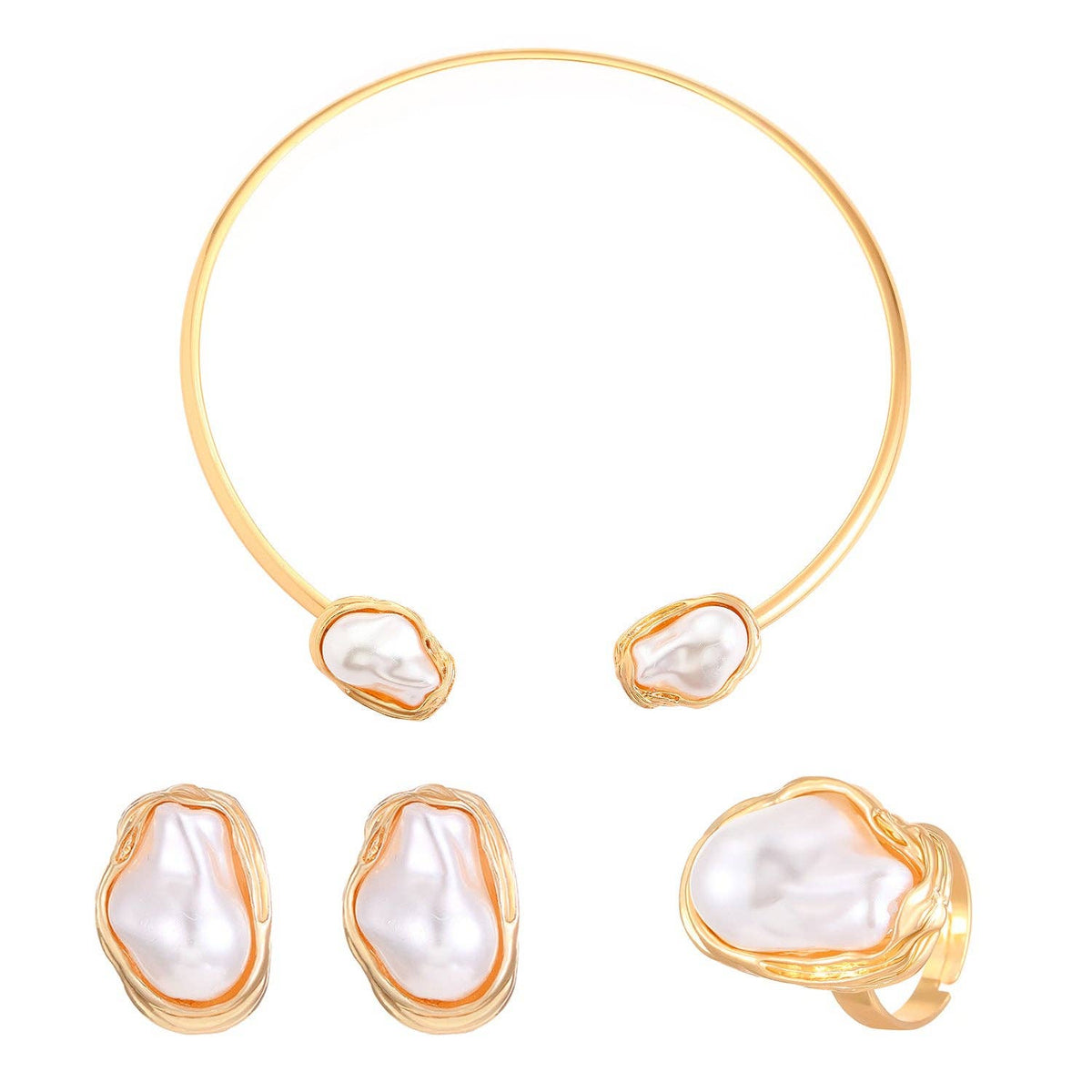 Baroque Pearl Jewelry Choker, Earrings, Ring, and Bracelet Set