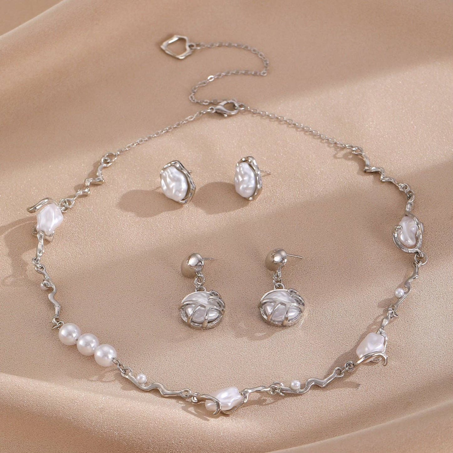 Baroque Pearl Studs and Necklace Set