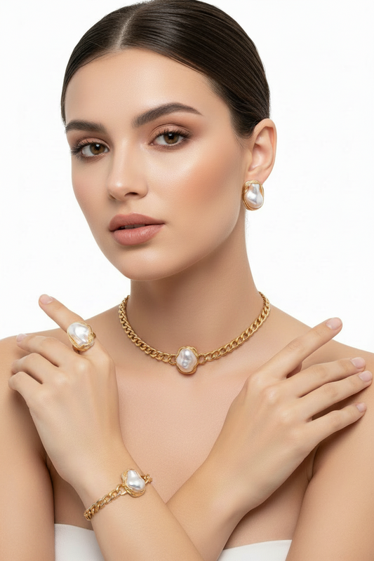 Baroque Pearl jewellery Necklaces, Earrings, Ring, and Bracelet set