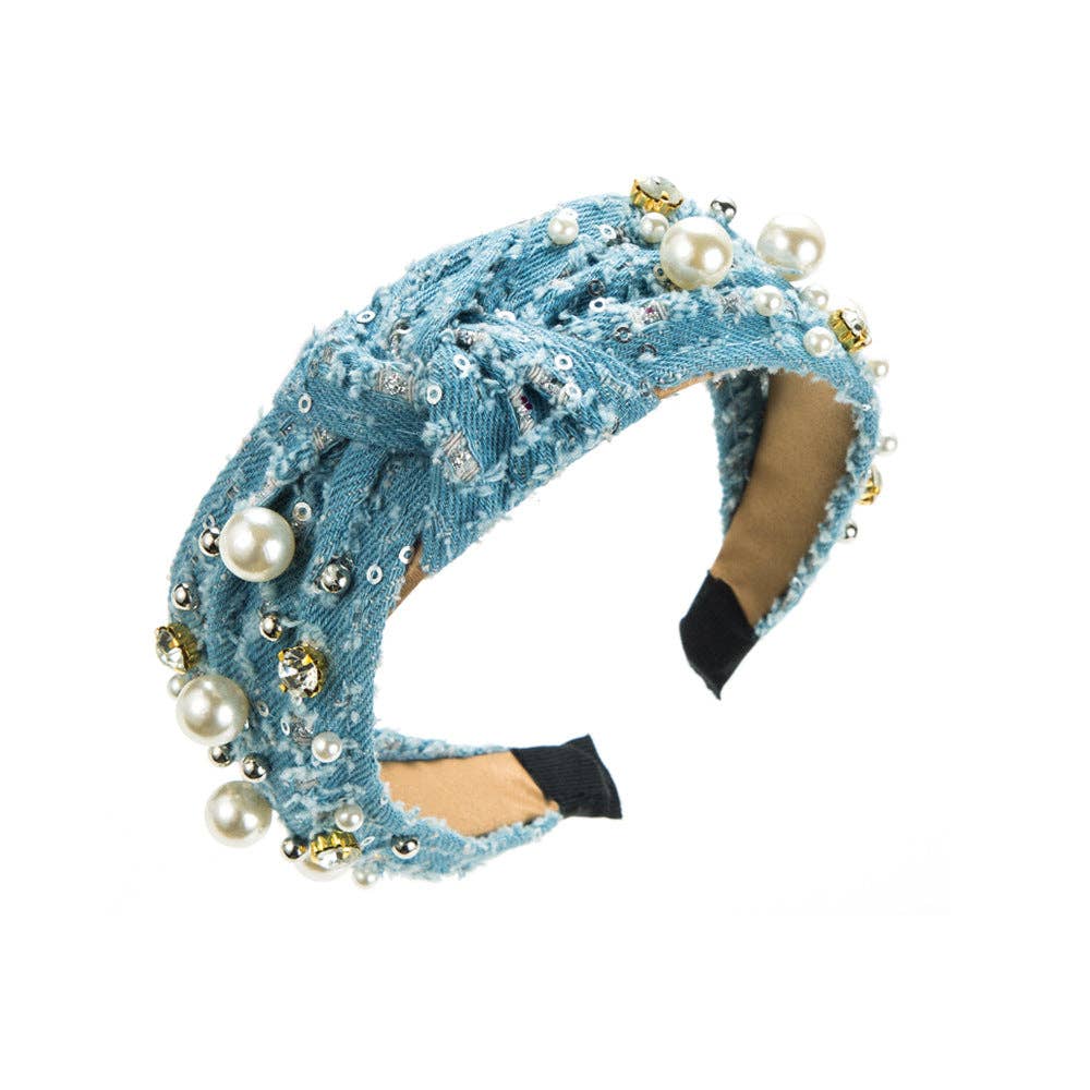 Trendy Denim Headband with Pearl Sequins