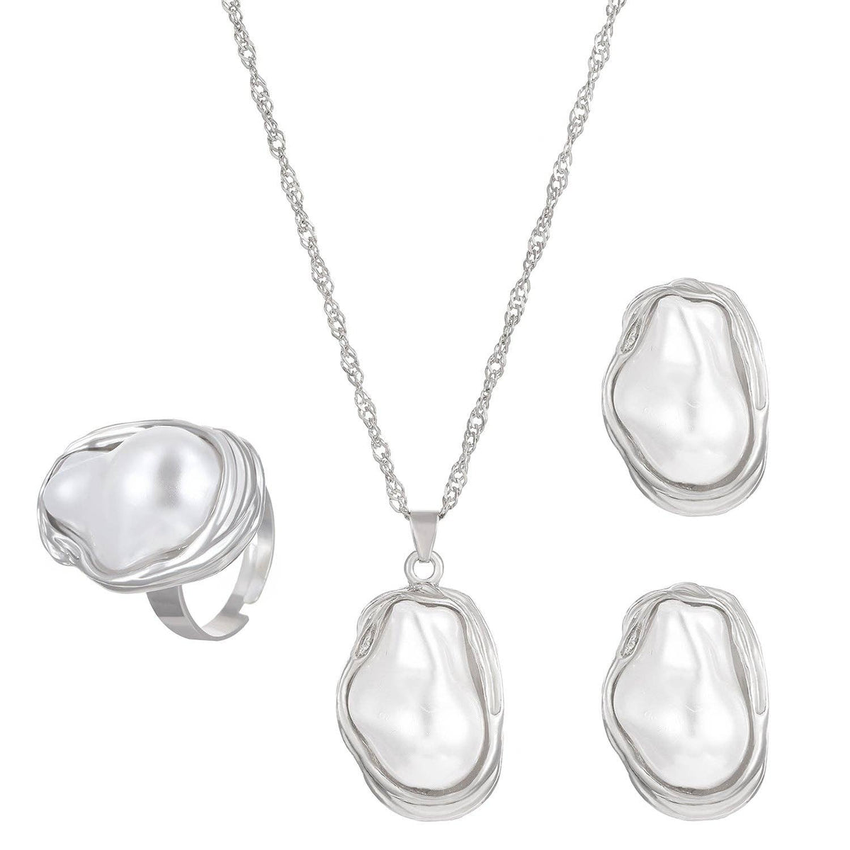 Baroque Pearl Jewelry Set Necklace, Earrings, Ring, and Bracelet
