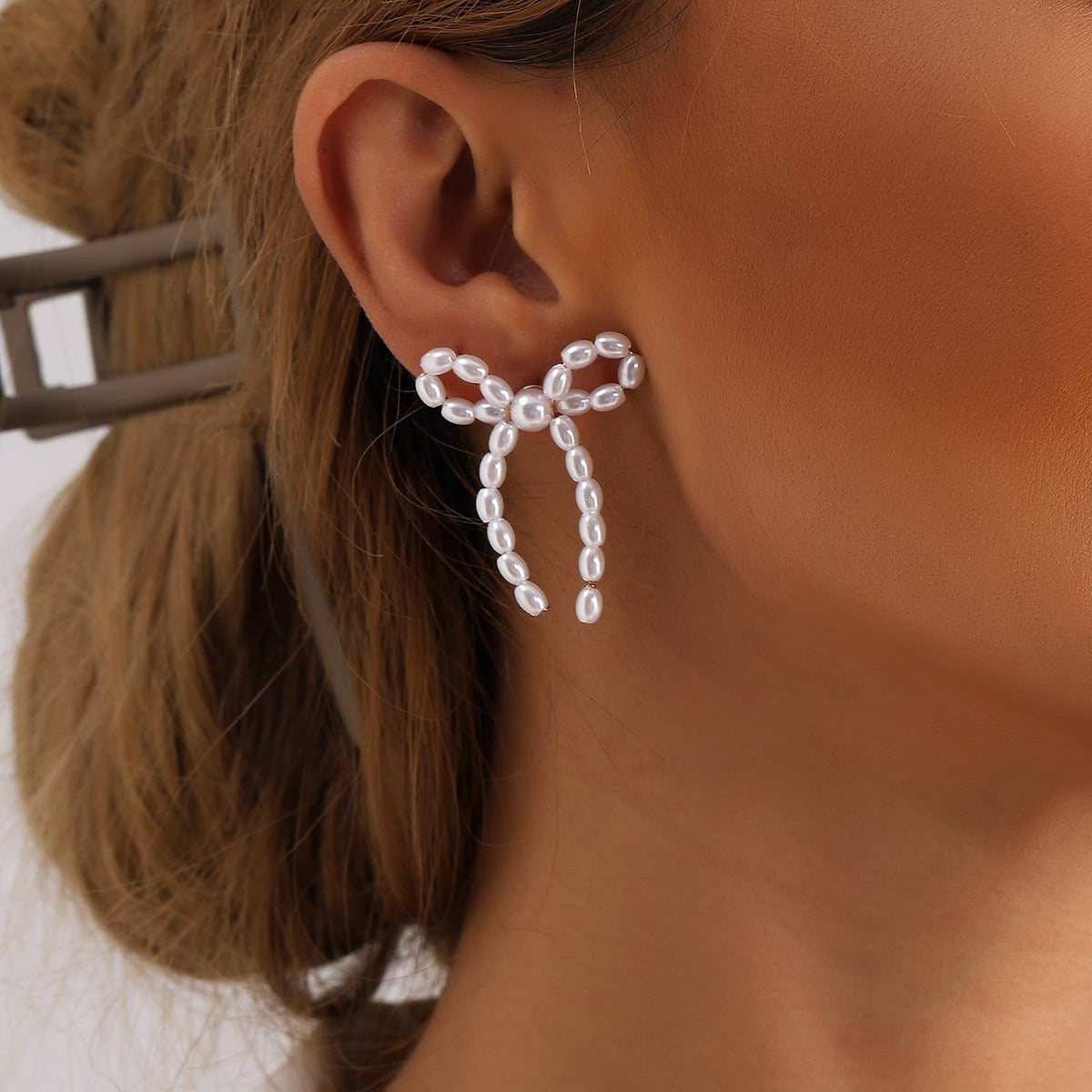 Pearl Bow Earrings for Women Drop Knot Dangle Stud Jewelry