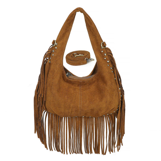Bohemian Fringe Studded Slouchy Hobo Shoulder Handbag