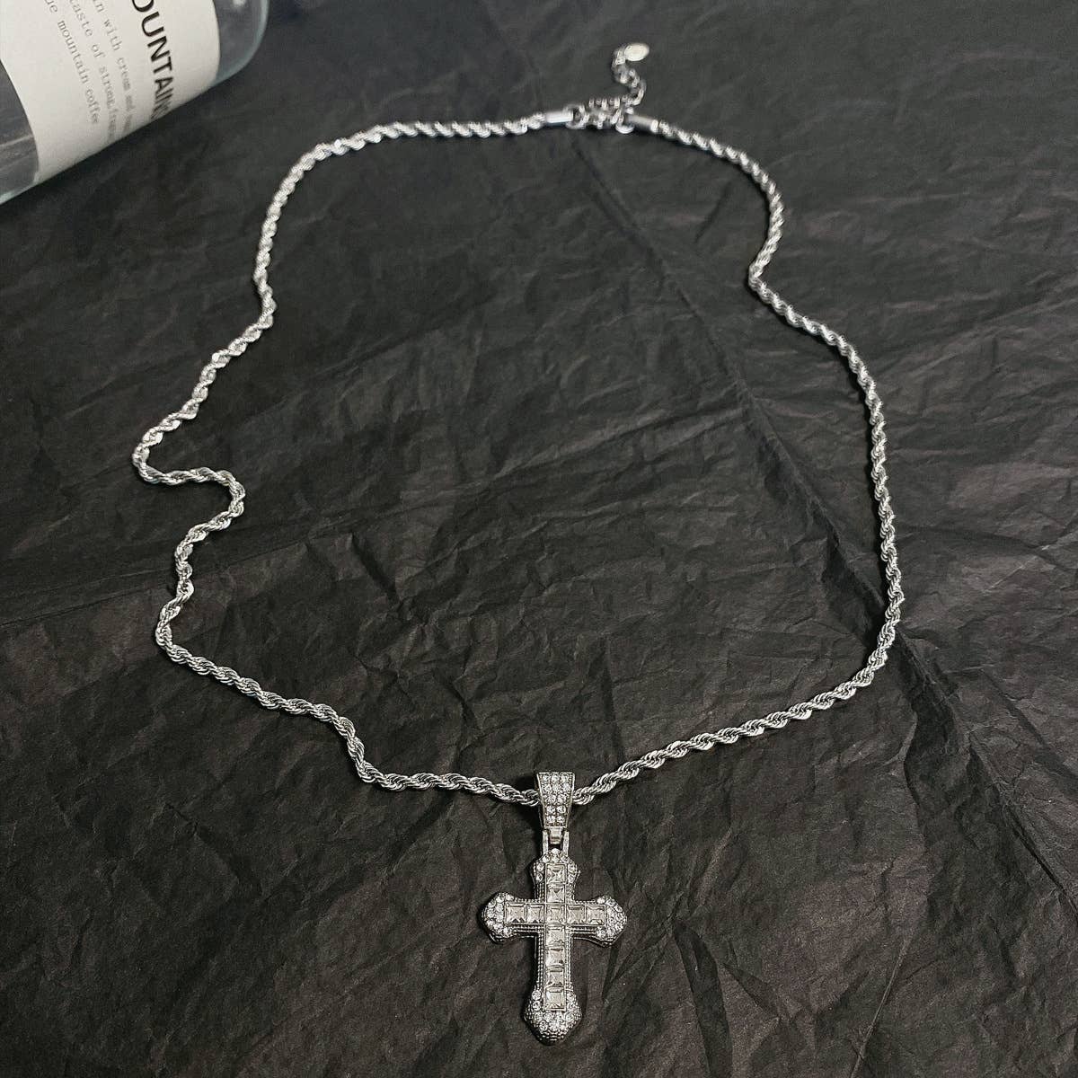 Studded Cross Necklace in Silver with twisted chain