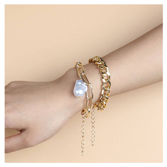 Layered Gold Bracelet with Pearl Drop - Set of 2