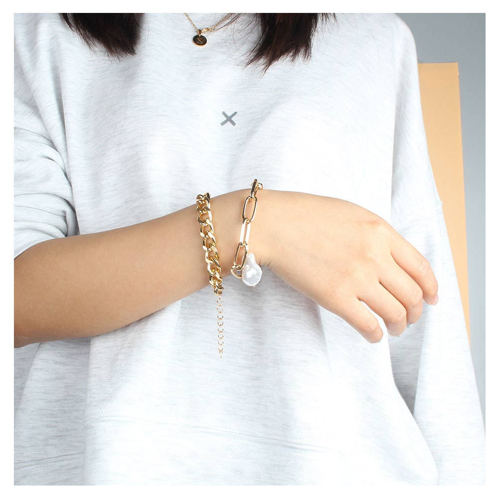 Layered Gold Bracelet with Pearl Drop - Set of 2