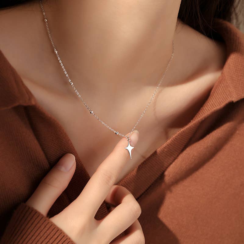 Four point star Silver Necklace rhinestone jewelry