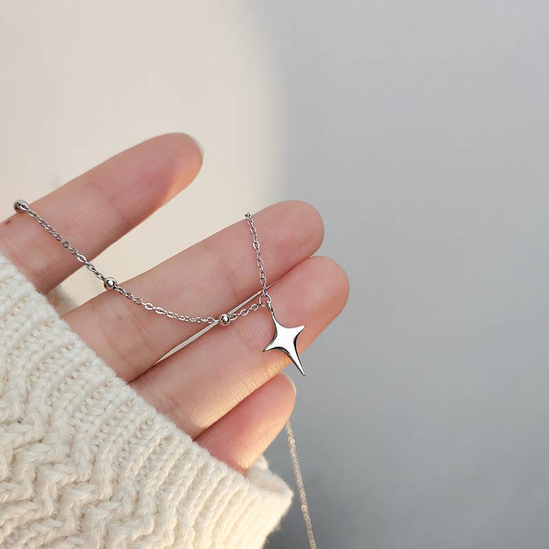 Four point star Silver Necklace rhinestone jewelry