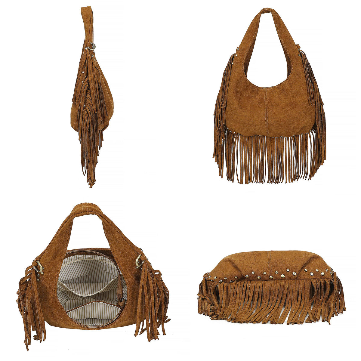 Bohemian Fringe Studded Slouchy Hobo Shoulder Handbag