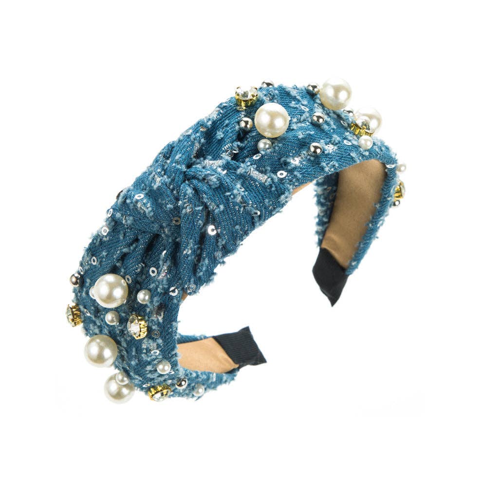 Trendy Denim Headband with Pearl Sequins