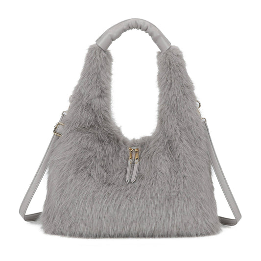 Spacious Faux Fur Hobo Shoulder Bag Crossbody Strap