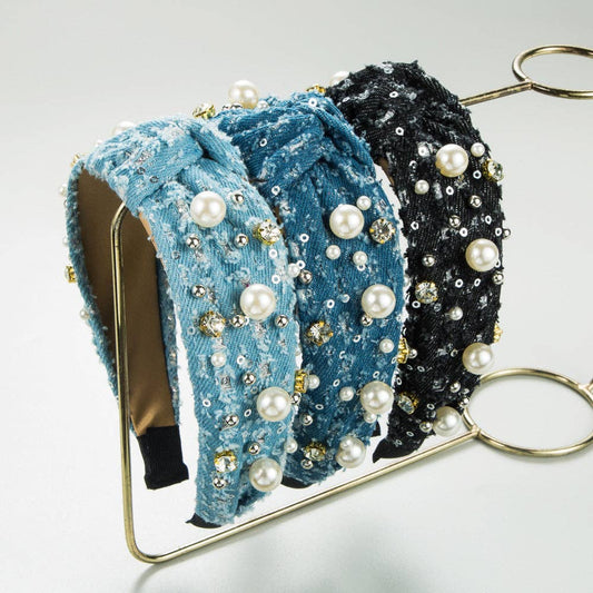 Trendy Denim Headband with Pearl Sequins