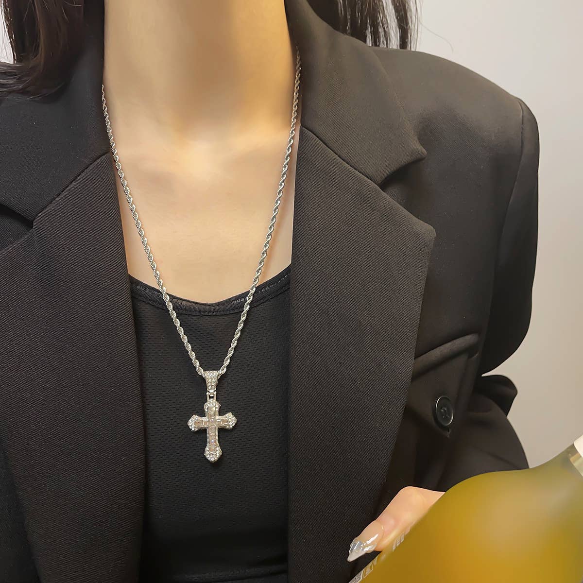 Studded Cross Necklace in Silver with twisted chain