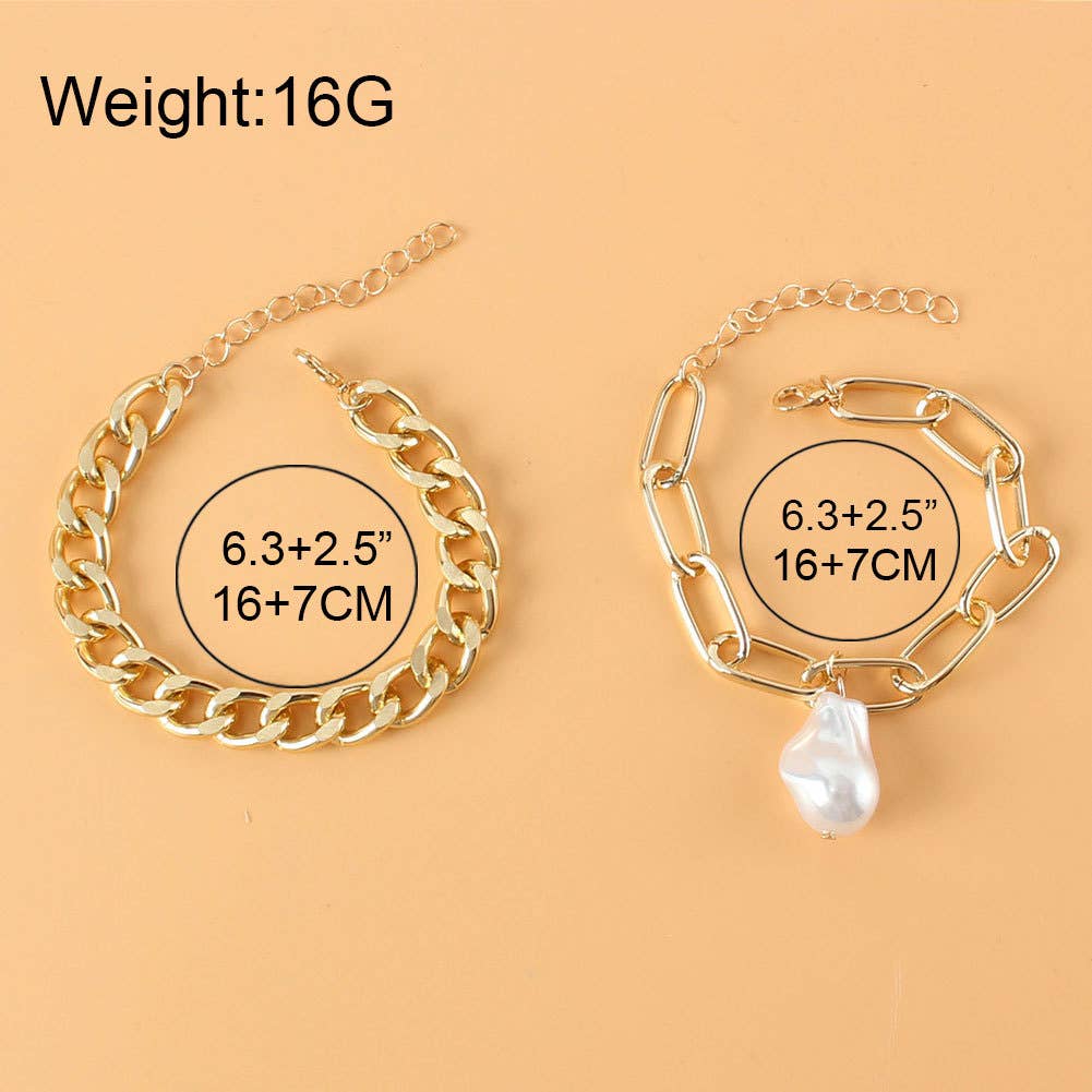 Layered Gold Bracelet with Pearl Drop - Set of 2