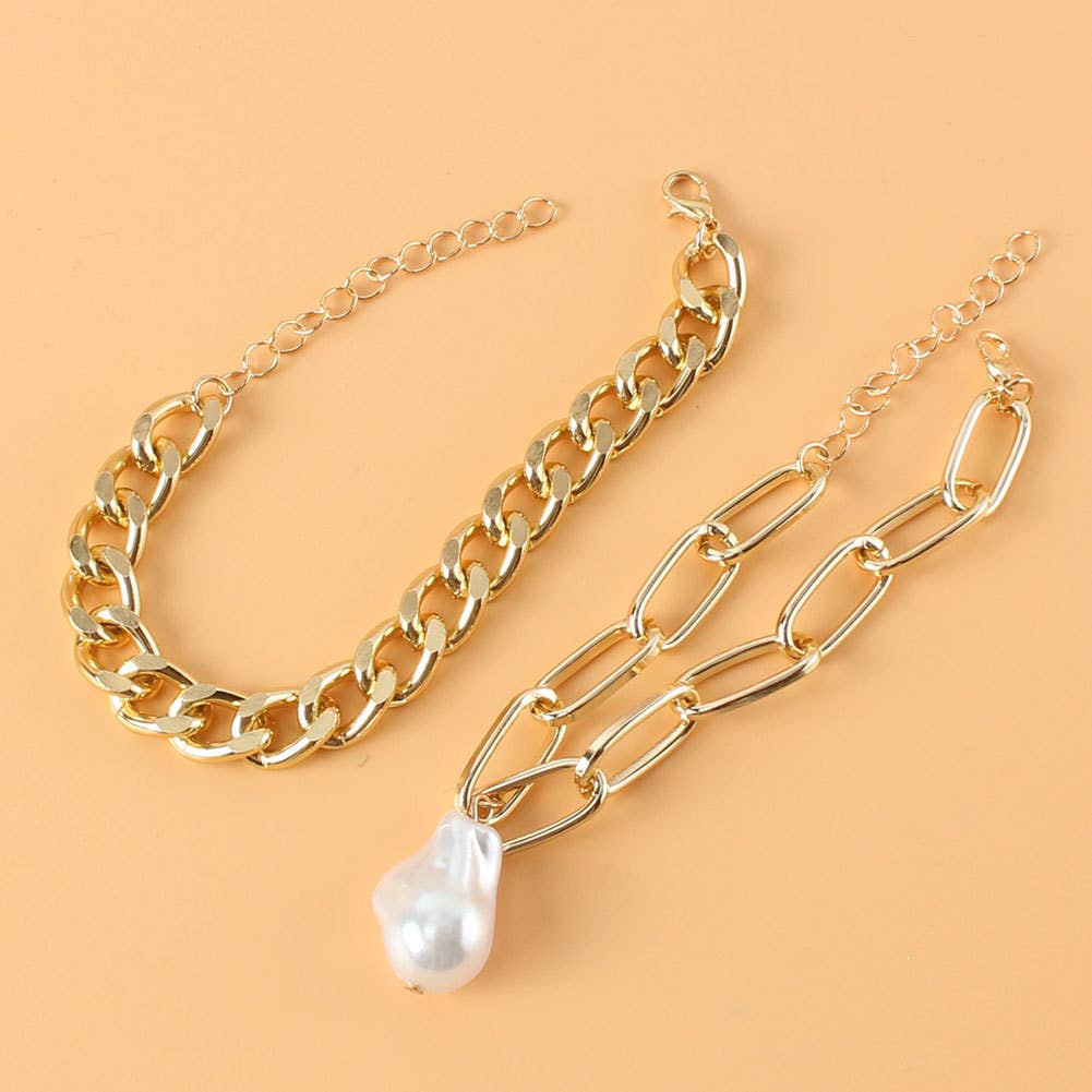 Layered Gold Bracelet with Pearl Drop - Set of 2